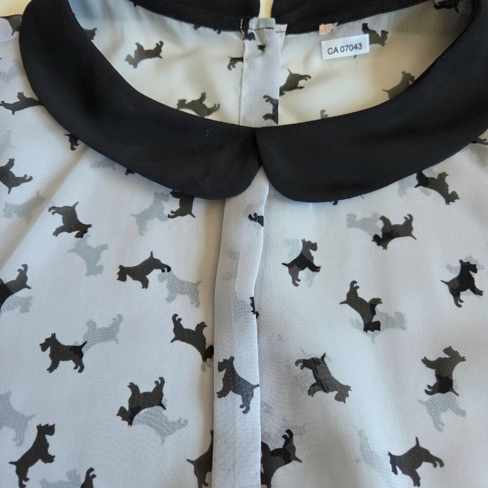 Peter Pan Collar Grey Dogs Pattern Blouse Short Sleeve Top - Picture 9 of 9